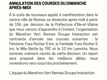 ‼️Annulation des courses du dimanche après midi